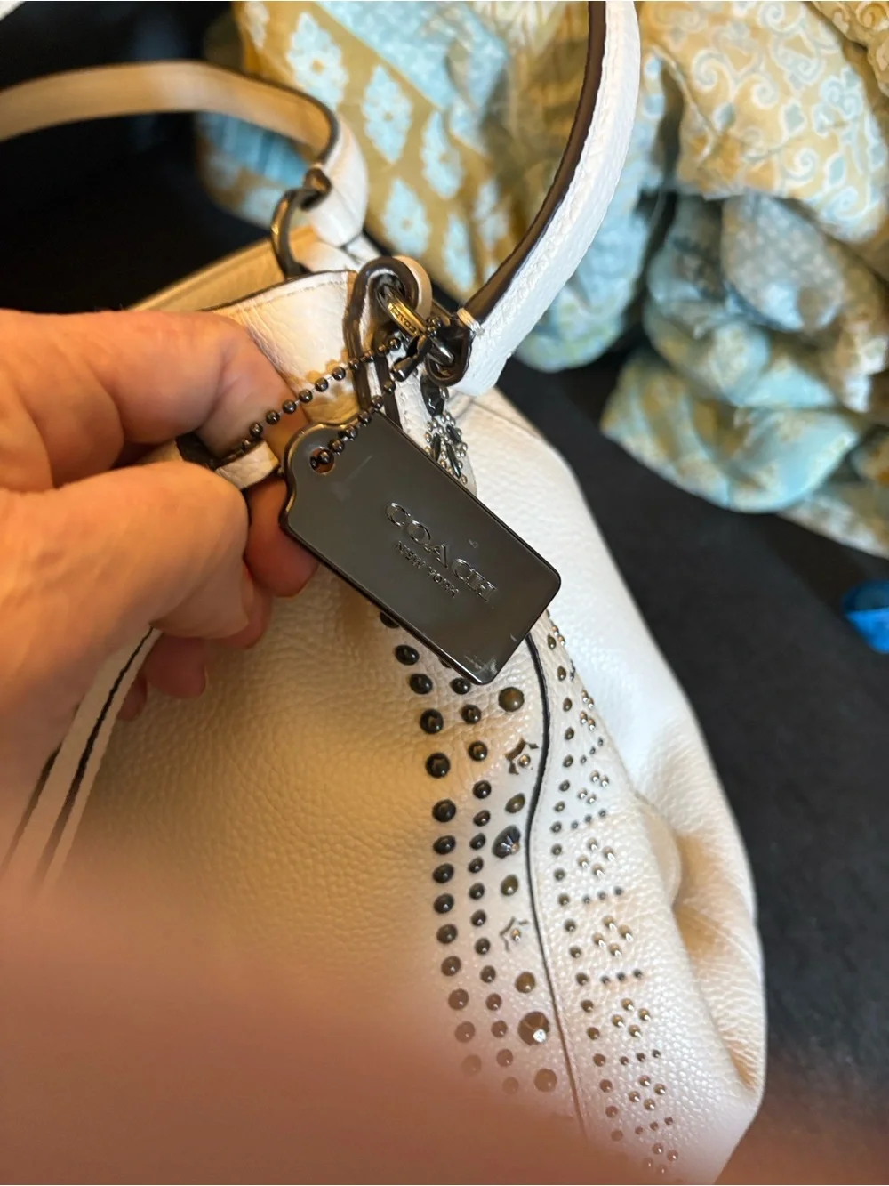 Coach Cream Pebbled Leather Shoulder Bag with Gunmetal Studs